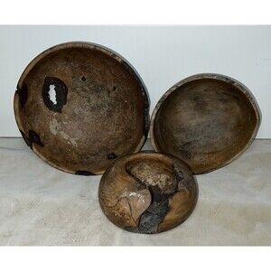 Lot of 3 Live-edge Scalpay Island Burl Wood Driftwood Artists-signed Decor Bowls